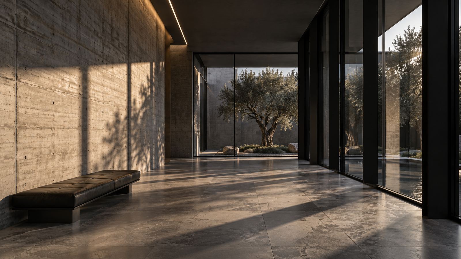 Concrete lobby with olive tree courtyard